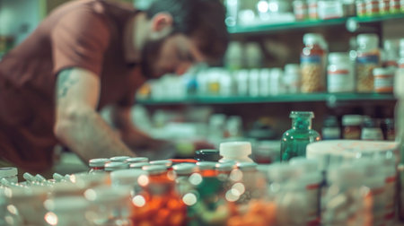 A pharmacist is organizing various medications on shelves in a pharmacy, representing healthcare and medicine supply.の素材