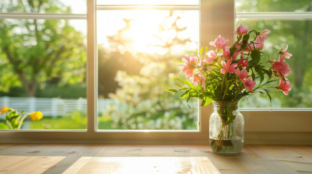 A vibrant vase filled with pink flowers rests on a rustic wooden table, adding a touch of natural beauty to the settingの素材