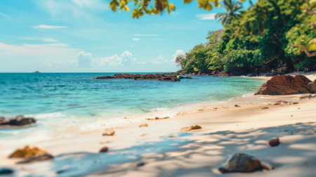 A sandy beach with scattered rocks along the shoreline, gently lapped by the calm waters.の素材