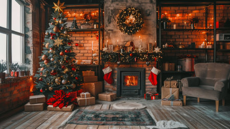 A room decorated for Christmas with a festive tree adorned with ornaments and colorful gifts underneathの素材