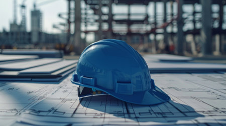 A hard hat placed on top of a blueprint document on a flat surfaceの素材