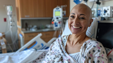A woman with a bald head lying in a hospital bedの素材