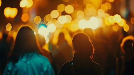 A group of individuals are walking down a dimly lit street at night, with the glow of streetlights illuminating their pathの素材
