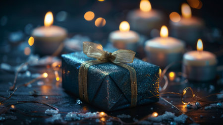 A blue gift box with a gold bow sits centered on a table, with lit candles in the background creating a warm glowの素材