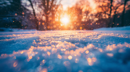 The suns rays pierce through the snow-covered trees, creating a beautiful sight of light and shadows in the winter forestの素材