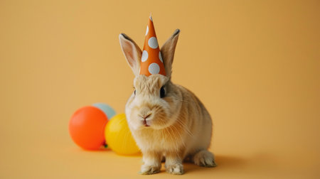 A rabbit with a colorful party hat on its head, looking cheerful and festiveの素材