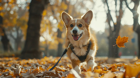 A corgi dog happily darts through piles of autumn leaves in a park, enjoying a playful romp amidst natures colorful carpetの素材