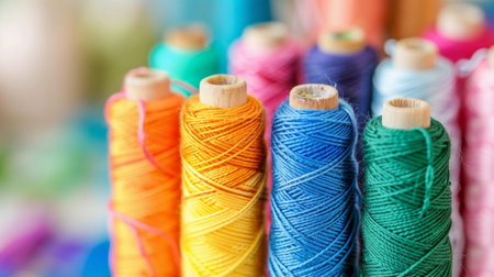 A lineup of spools of thread sitting closely aligned next to each otherの素材