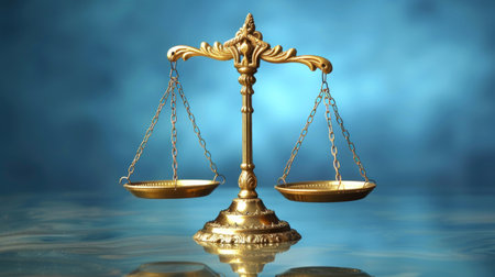 A golden balance scale is displayed against a vibrant blue background, showing symmetry and precisionの素材