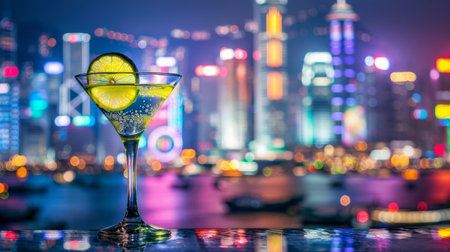 A glass filled with a yellow drink is placed on a tableの素材