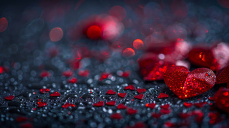 A close up view of vibrant red hearts scattered on a sleek black surfaceの素材