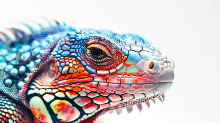 A vibrant lizard up close with colorful scales, set against a plain white backgroundの素材