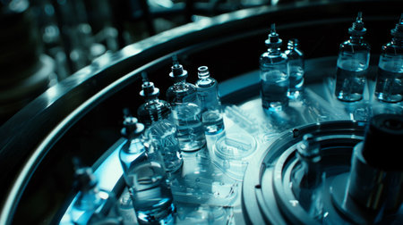 A group of glass bottles arranged neatly on top of a wooden tableの素材