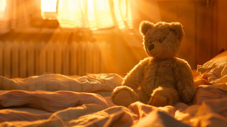 A brown teddy bear is seated on top of a neatly made bed, looking cute and cuddlyの素材