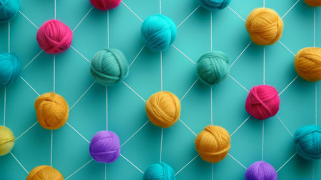 Assorted vibrant balls of yarn are displayed on a wall, showcasing a variety of colors and texturesの素材