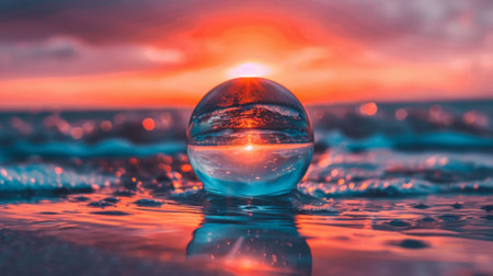 A transparent glass ball floats effortlessly on top of a still body of water, reflecting the surroundings in its curved surfaceの素材