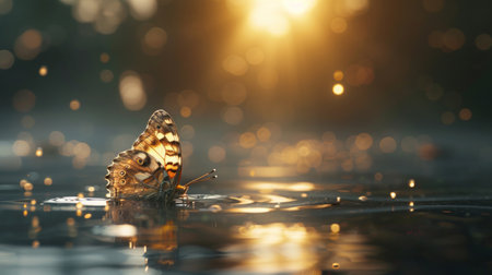 A butterfly perched delicately atop a body of waterの素材