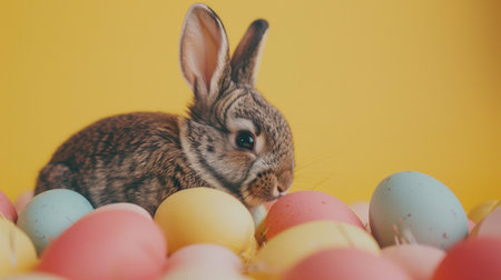 A rabbit is seated amidst a collection of colorful Easter eggs.の素材