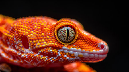 A detailed close-up of a lizards eye against a stark black background, showing intricate textures and vibrant colorsの素材