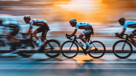 A group of men are riding bicycles down a city street, pedaling quickly as they navigate the urban environment togetherの素材
