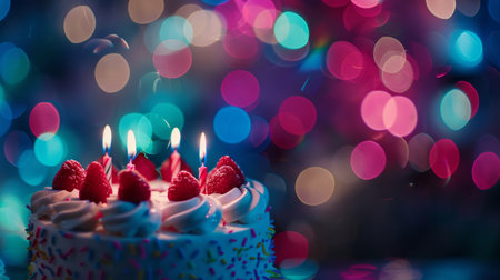 A close-up view of a birthday cake with colorful lit candles on top, ready for celebrationの素材