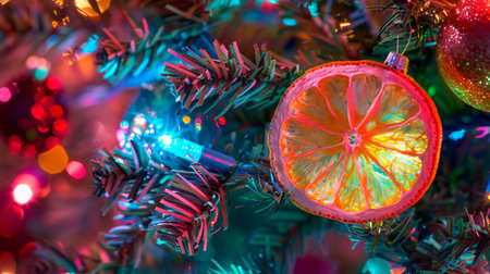 A detailed view of a decorated Christmas tree with colorful ornaments and twinkling lights, capturing the festive spiritの素材