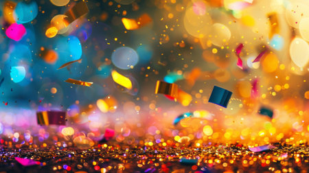 A blur of colorful confetti scattered across the frame, creating a dynamic and festive atmosphereの素材