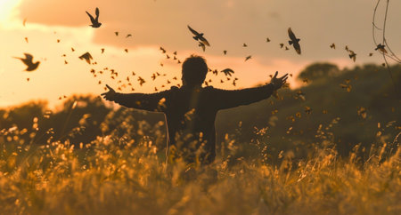 A person is standing in a field while a flock of birds fly around themの素材