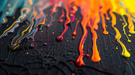 Detailed close up of a black surface covered in vibrant multicolored paint, creating a striking visual contrastの素材