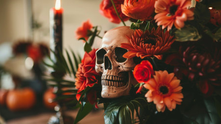 A human skull with various colorful flowers inside, representing a contrast between life and deathの素材