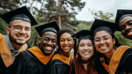 A group of individuals wearing academic caps and gowns, celebrating their graduation day with smiles and diploma scrolls in handの素材