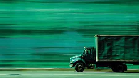 A green truck is driving down a road that runs alongside a dense forestの素材