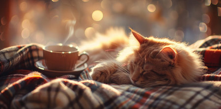 A domestic cat is lounging on top of a cozy blanket next to a mug filled with steaming coffeeの素材
