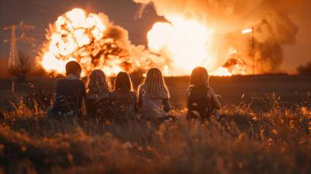 A group of children standing together in front of a crackling fire, mesmerized by the flamesの素材