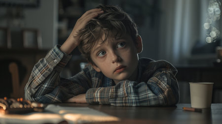 A young boy sitting at a wooden table, engrossed in reading a bookの素材