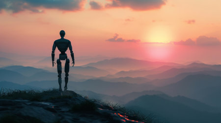 A robot is standing on top of a mountain during sunset, showcasing a futuristic and surreal sceneの素材
