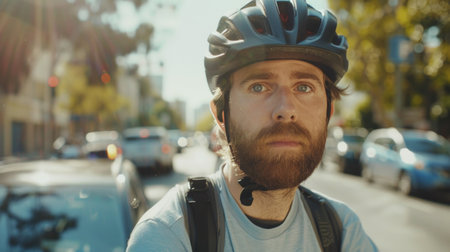 A man with a beard putting on a bicycle helmet before riding his bikeの素材