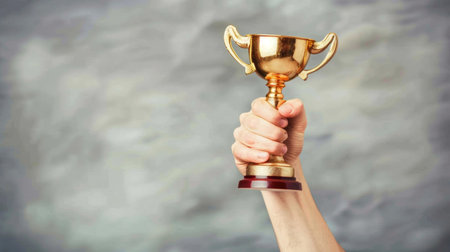 A person holds a golden trophy in their hand, celebrating their achievement and successの素材