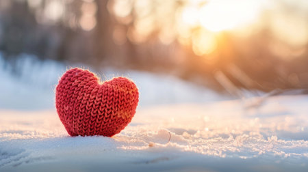 A knitted heart-shaped decoration lies on the snowy ground, contrasting its vibrant red color against the white snowの素材