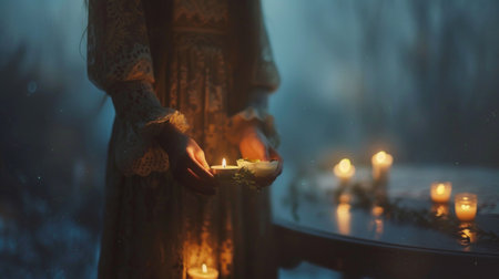 A person holding a bowl of food while standing in the rainの素材