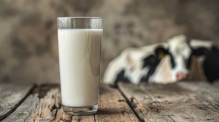 A glass of milk is placed on top of a wooden tableの素材