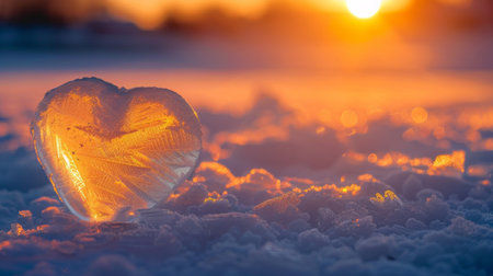 A heart-shaped object lays on the snowy ground in a winter settingの素材