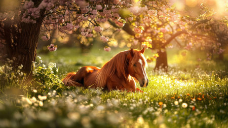 A horse laying down in the lush grass under a tree, enjoying a moment of relaxation in the tranquil surroundings of natureの素材