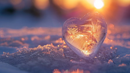 A crystal-clear ice heart glimmers against the soft hues of a winter sunset, symbolizing cold beauty.の素材
