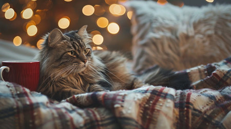A cat is lying comfortably on a blanket next to a cup of coffeeの素材