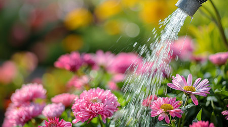 A sprinkler system watering various colorful flowers in a well-tended garden on a sunny dayの素材