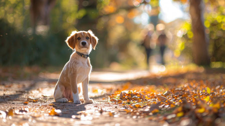 A small dog sitting calmly on a road covered with fallen leaves, surrounded by natures autumn colorsの素材