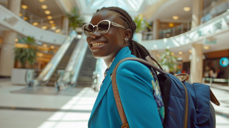 A woman wearing a blue jacket and sunglassesの素材