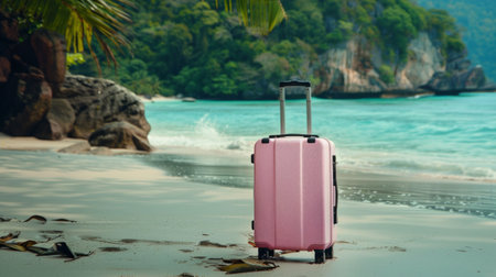 A pink suitcase rests on top of a sandy beach, contrasting against the golden grains of sandの素材