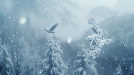 A bird soars through the snowy air in a wintry landscapeの素材